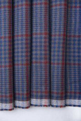 2335. Ткань лён умягченный "клетка гленчек синий" костюмный | Ellie Fabrics